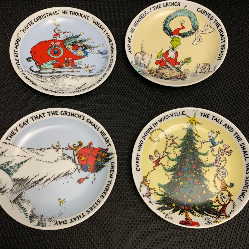 THE GRINCH 6” Appetizer Dessert Tidbit Plates Dr. Seuss 4 Assorted Prints Set 4